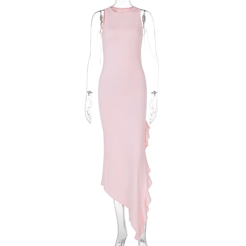 Irregular Ruffle Sleeveless Split Long Dresses