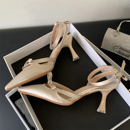Satin Ankle Buckle Strap Women Pumps with Pointed Toe and Thin Low Heels