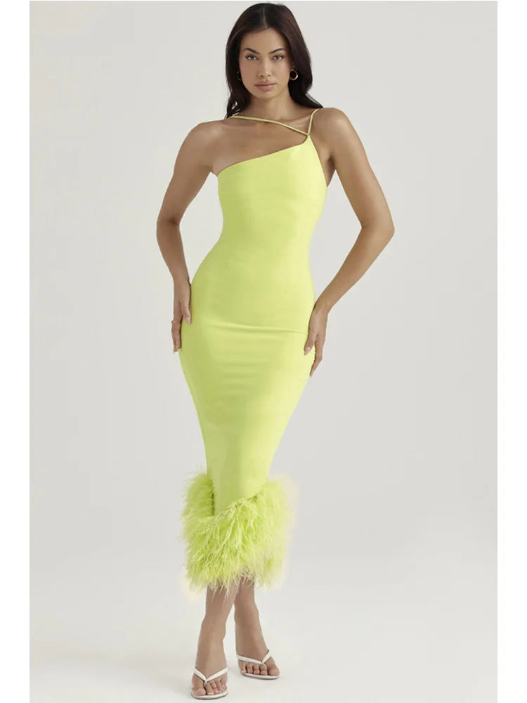Feather Strap Backless Midi Dress