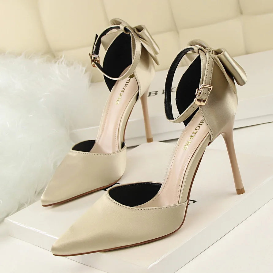 Korean Style Pipanus High Heels Satin Sandals with Bows Women's Shoes