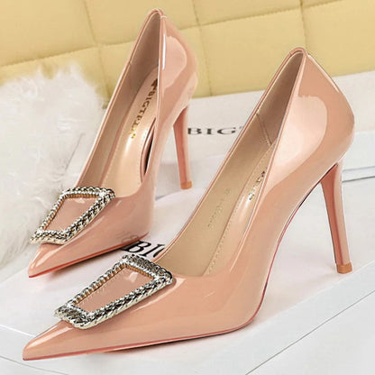 Rhinestone Metal Buckle High Heels Patent Leather Women Pumps
