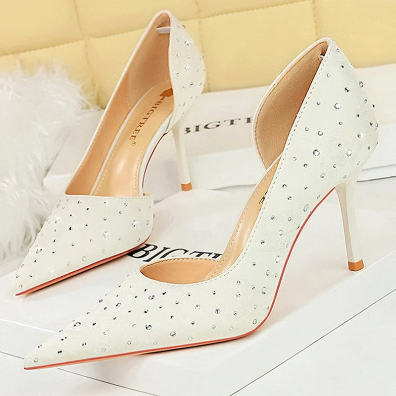Rhinestone Kitten Heels Women 8 Cm Pumps Silk Satin High Heels