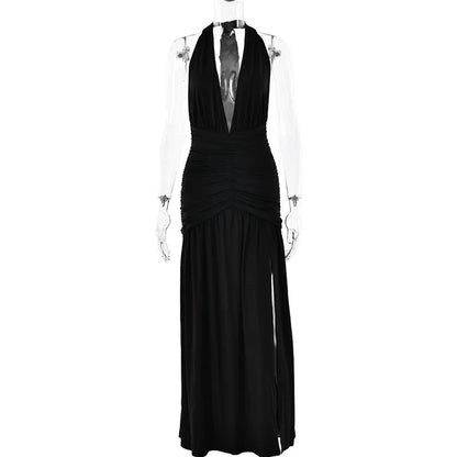 Open Back Solid Thigh High Split Long Dress