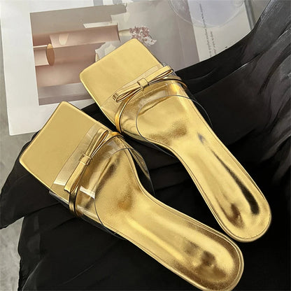 Butterfly-knot Slipper Women PVC Transparent Square toe Low Thin Heels for Summer Fashion