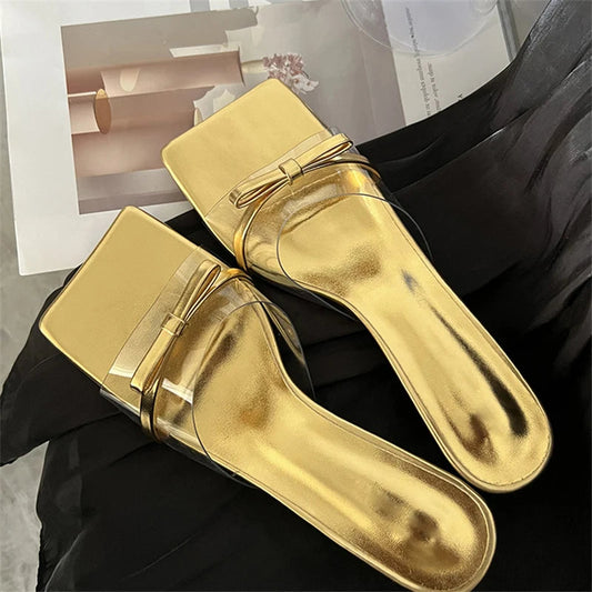 Butterfly-knot Slipper Women PVC Transparent Square toe Low Thin Heels for Summer Fashion