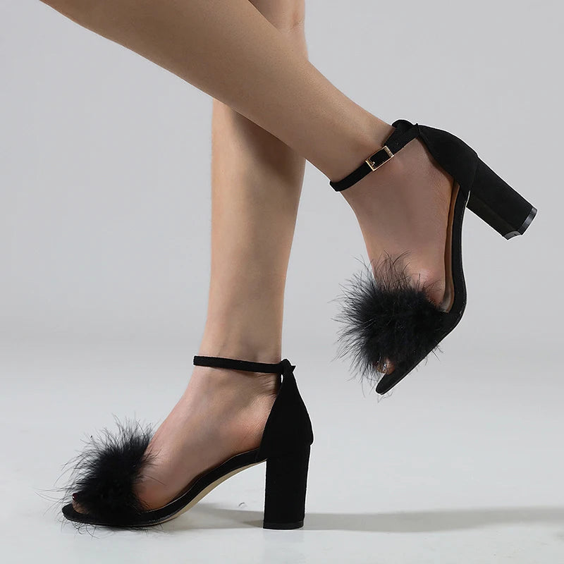 Summer Gladiator Sandals with Fluffy Peep Toe and Low Square High Heels for Women