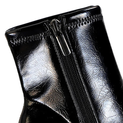 Leather High Heel Boots with Side Zipper and Warm Plush Lining for Winter
