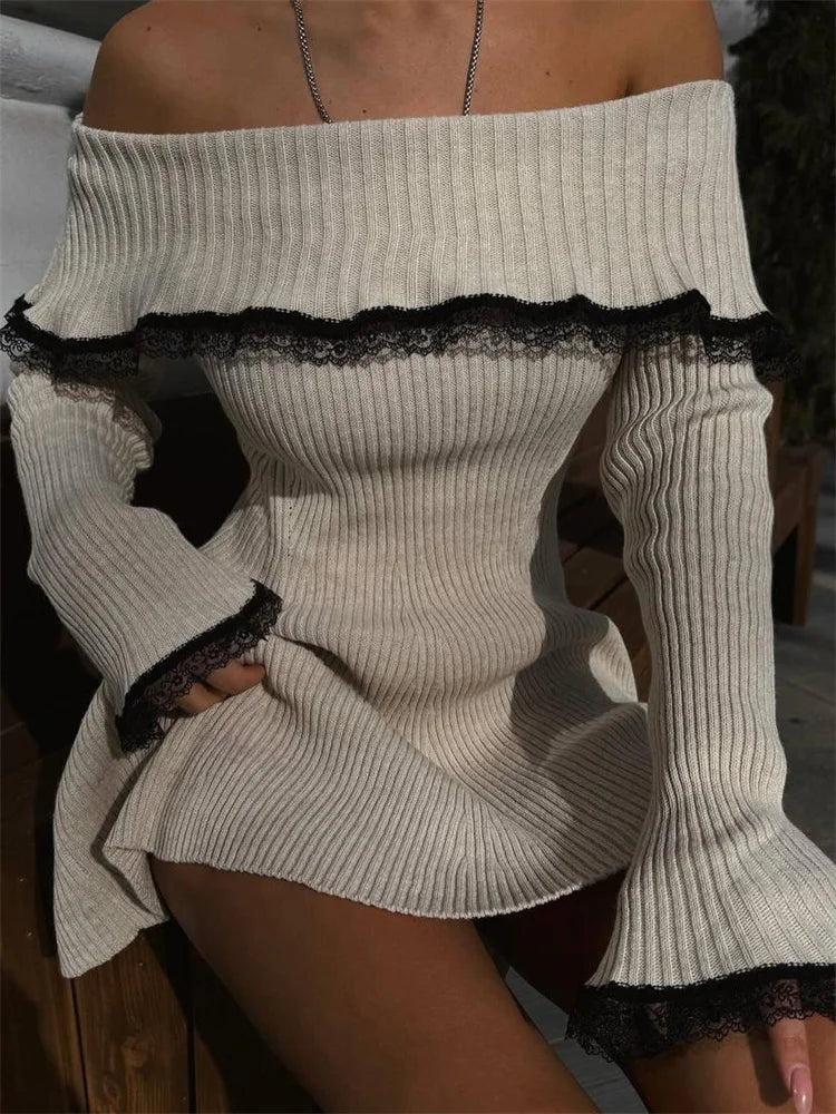 Off Shoulder Rib Knit Lace Trim Bell Cuff Mini Dress