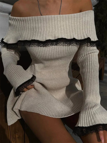 Off Shoulder Rib Knit Lace Trim Bell Cuff Mini Dress