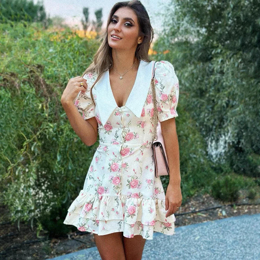 Printed Ruffle V Neck Slim Mini Dress