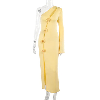 3D Flower Skew-collar Hollow Out Side Split Dress