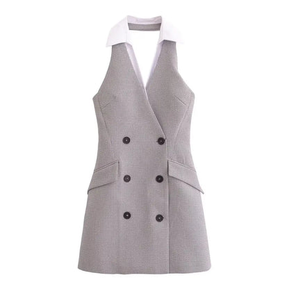 Plaid Halter Sleeveless Button Dress