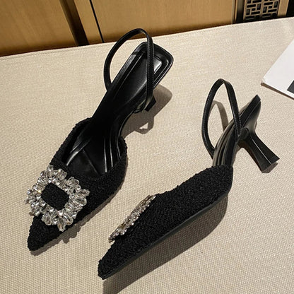 Crystal Buckle Pointed Toe Low Thin Heels Wedding Prom Shoes