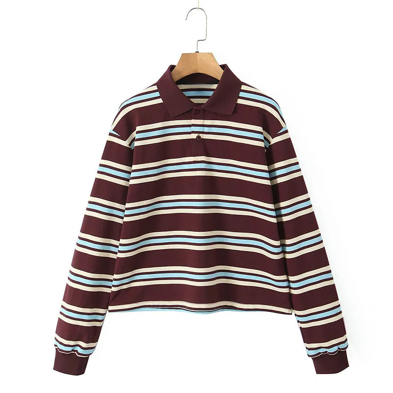 Vintage Stripe Basic Women's T-shirt Casual Long Sleeve Female All Match Polo Shirt Spring New Ladies Loose Tops High Street