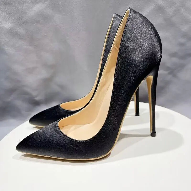 Black Silk Satin Pointy Toe High Heel Stiletto Pumps for Elegant Ladies