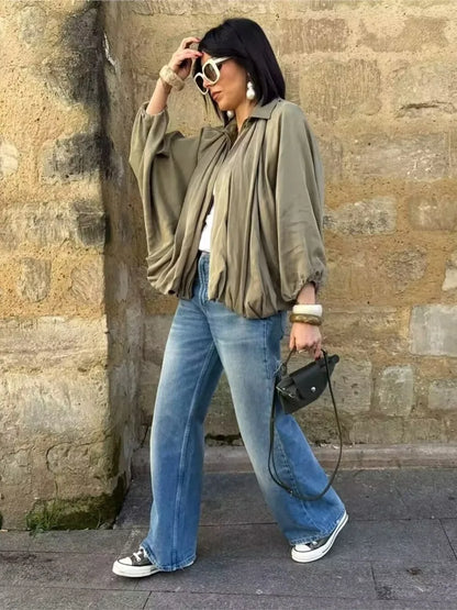 Satin Pleated Bomber Zipper Coat