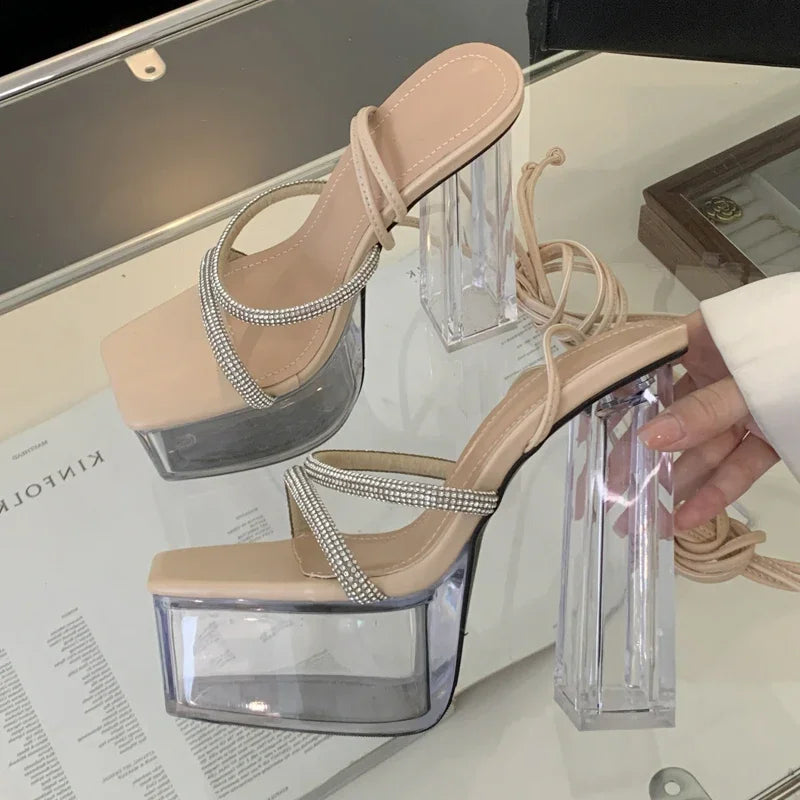 Crystal Clear Platform High Heel Sandals for Women