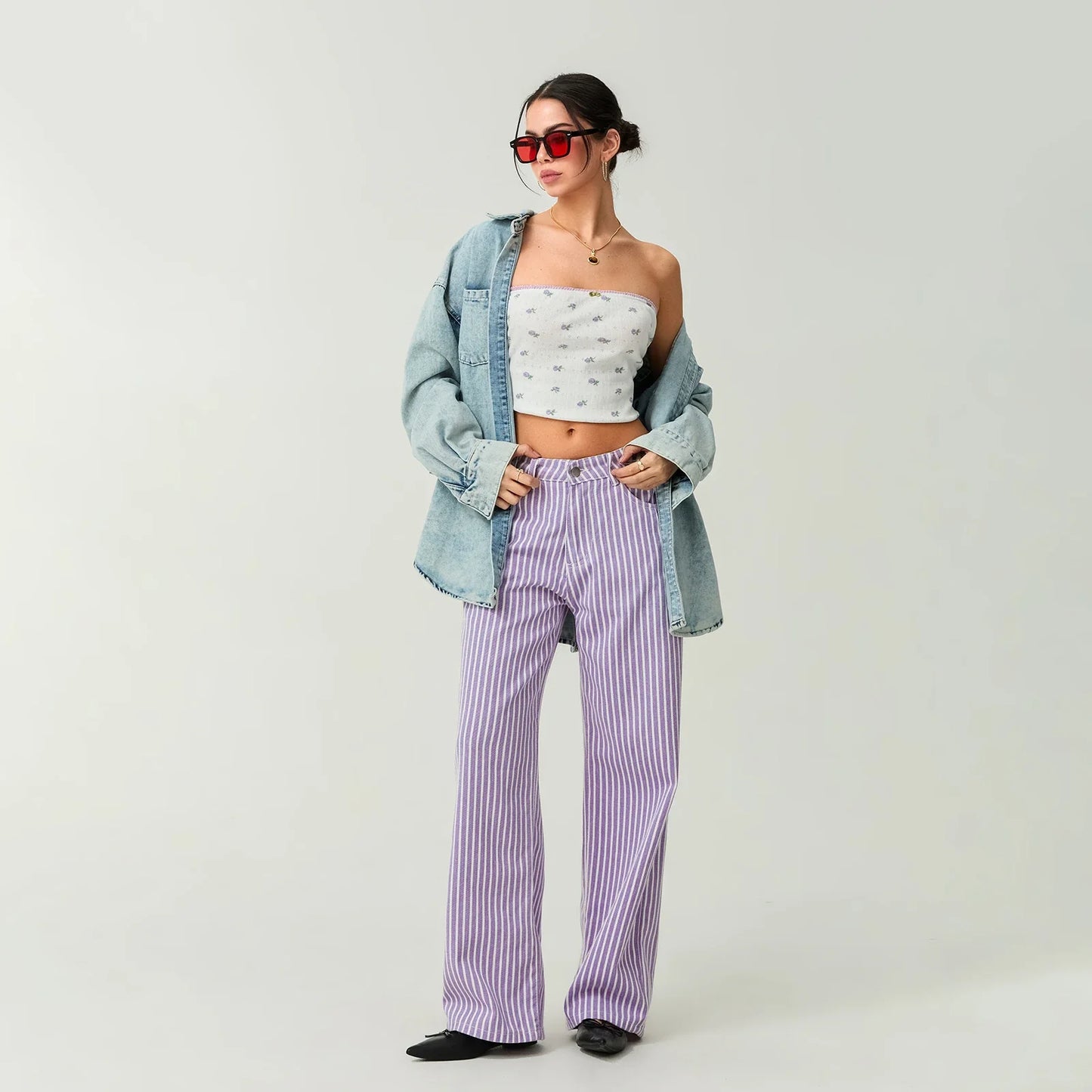 Striped High Rise Wide Denim Pant