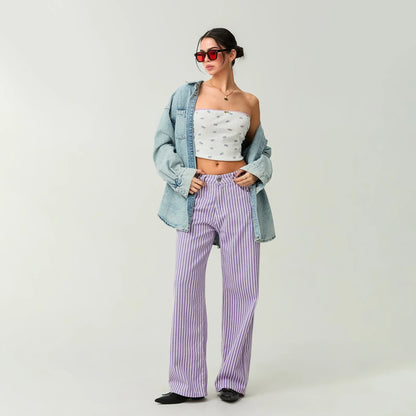 Striped High Rise Wide Denim Pant