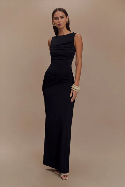 Backless Ruched O Neck Thigh High Split Long Dress