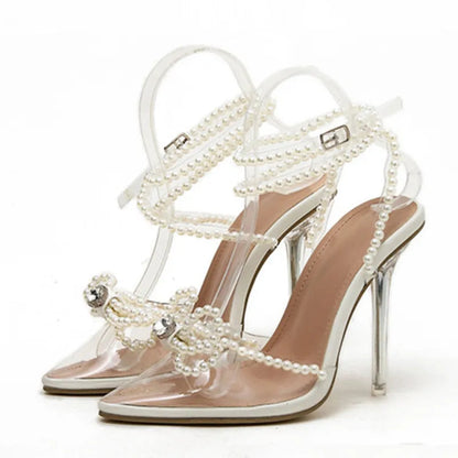 White String Bead Transparent High Heels for Women, Sexy Summer Style