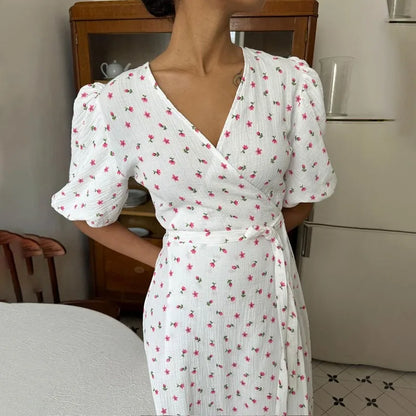 Floral V Neck A Line Slit Midi Dress