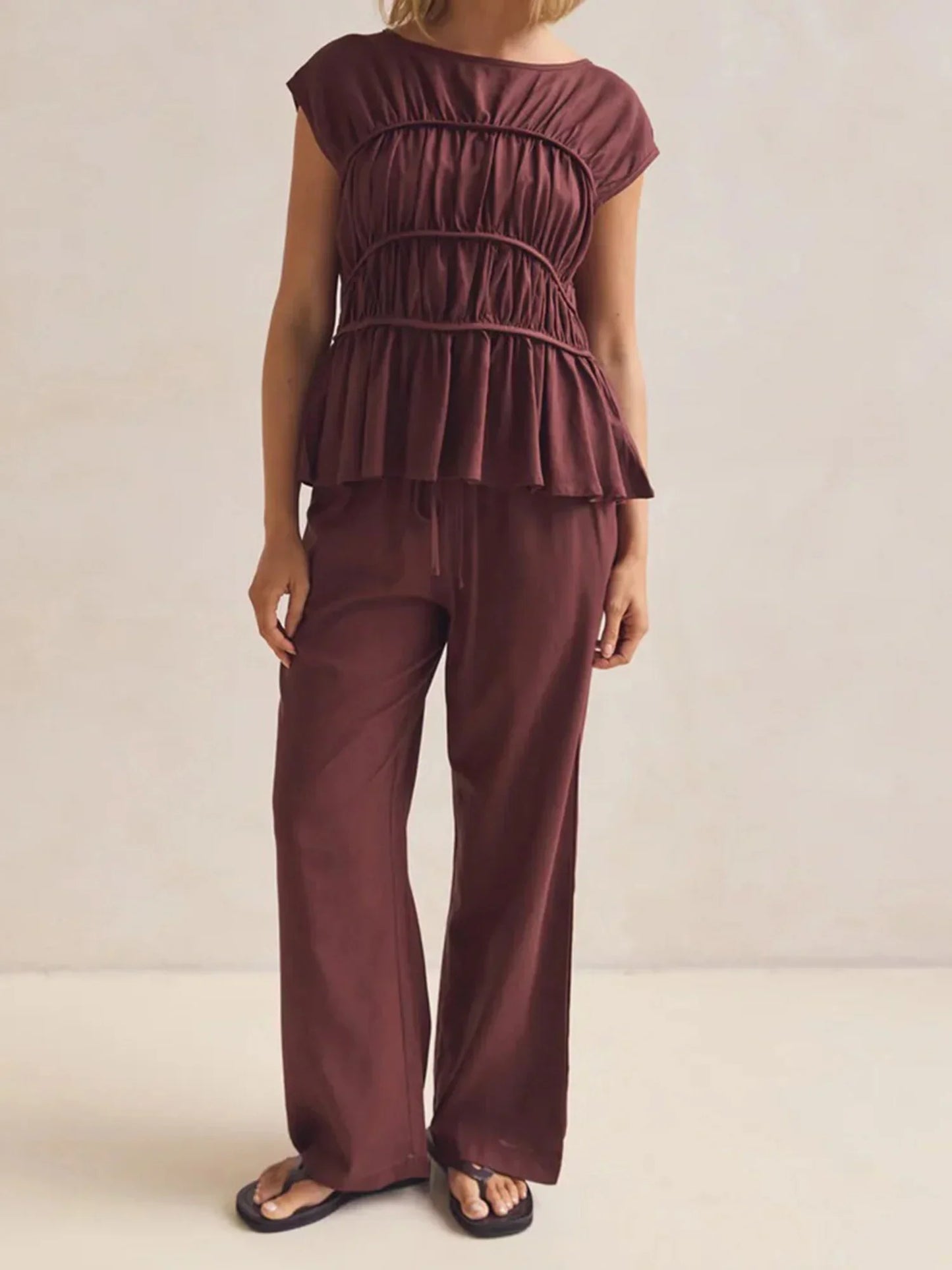 | Ruched Cap Sleeve Peplum Top