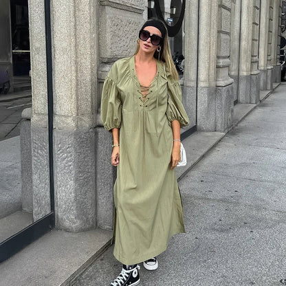 Lace Up V-Neck Balloon Sleeve Side Slit Maxi Dress