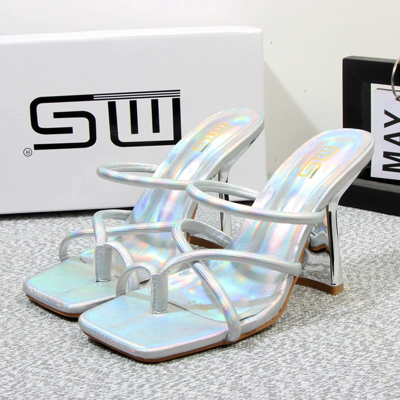 Summer square toe stiletto sandals slippers with a graceful design, featuring a 10cm heel height.