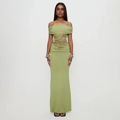 Off-shoulder Strapless Green Lace Sheer Long Dress