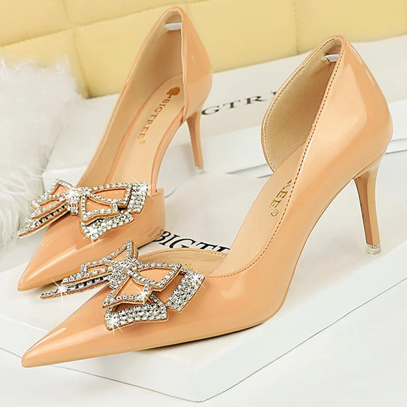 Bowknot Design Kitten Heel Rhinestone Luxury Banquet Pumps for Women