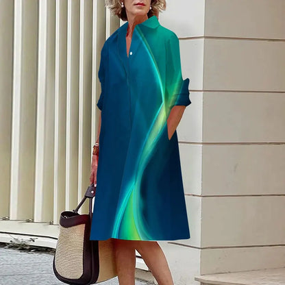 Collared Long Sleeve Button Down Patch Pocket Midi Shirt Dress