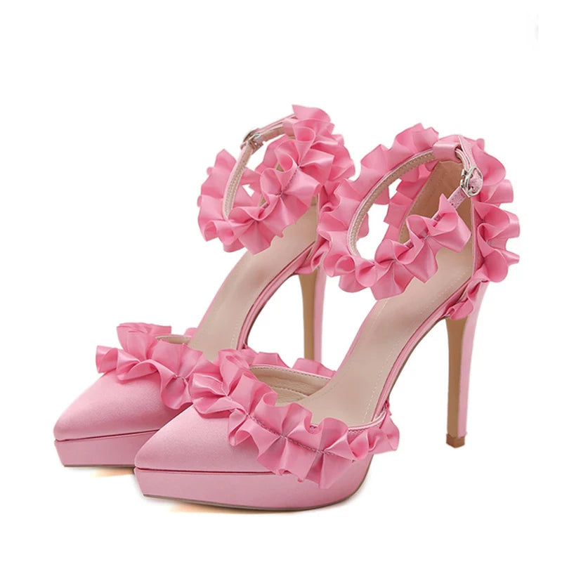 Silk Ankle Strap Platform Pumps with Pleated Design