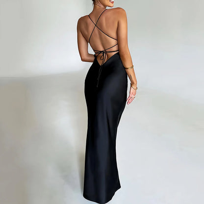 Satin Mermaid Lace-Up Maxi Dress