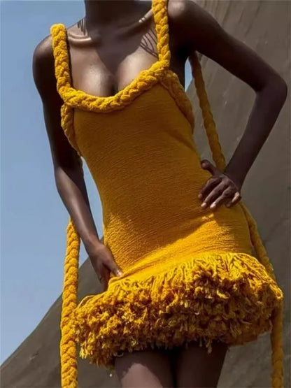 Fluff Patchwork Halter Mini Dress