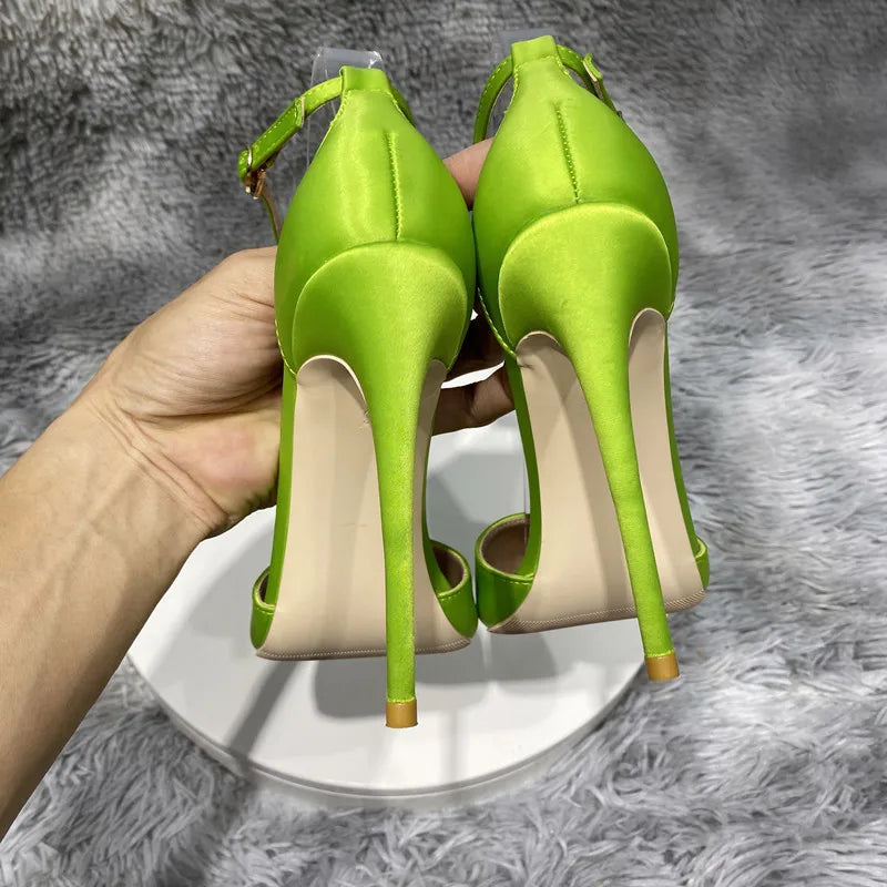 Silk Satin Ankle Strap Pointy Toe High Heel Shoes for Women in Black, Pink, and Green