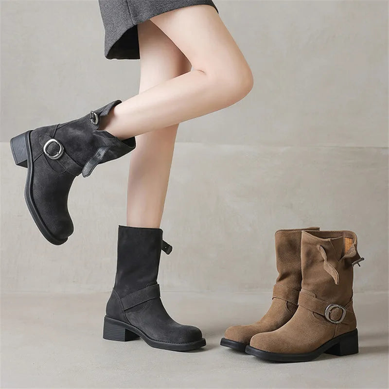 | Suede Buckle Boots in Black
