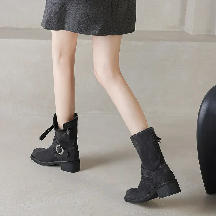 | Suede Buckle Boots in Black