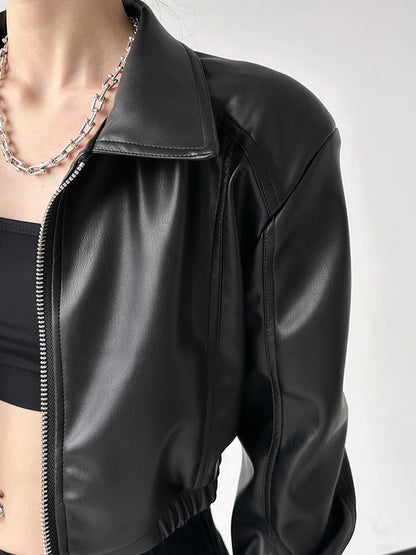 Black PU Retro Lapel Crop Coat