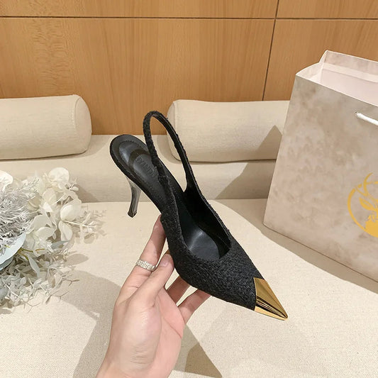 New Metal Black Shallow Mouth Stiletto Strap Women's Spring Sandals