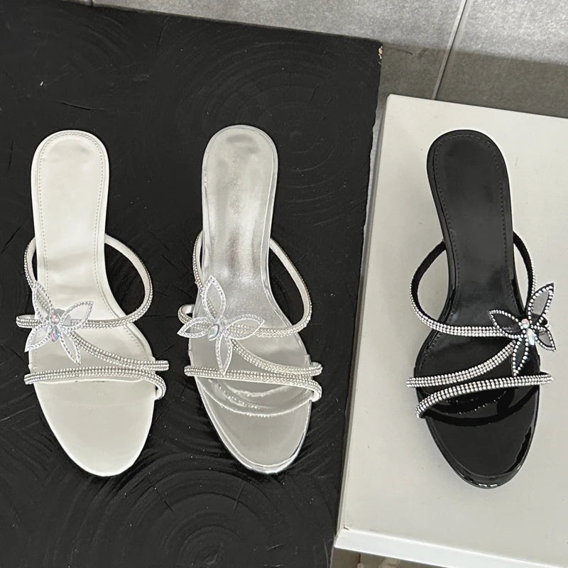 CRYSTAL Narrow Band Butterfly-knot Satin Slip On Sandal for Women