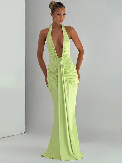 Draped Deep V Club Party Maxi Bodycon Dress