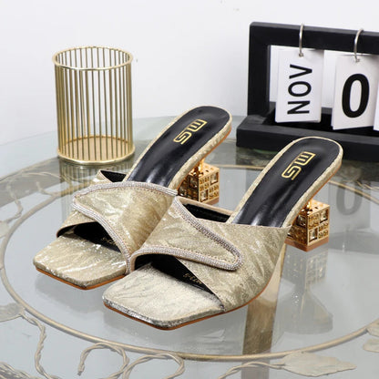 Luxury gold high-heeled slippers with special shape for fall