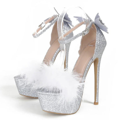 Feather Sequin Cloth Buckle Strap Sandals