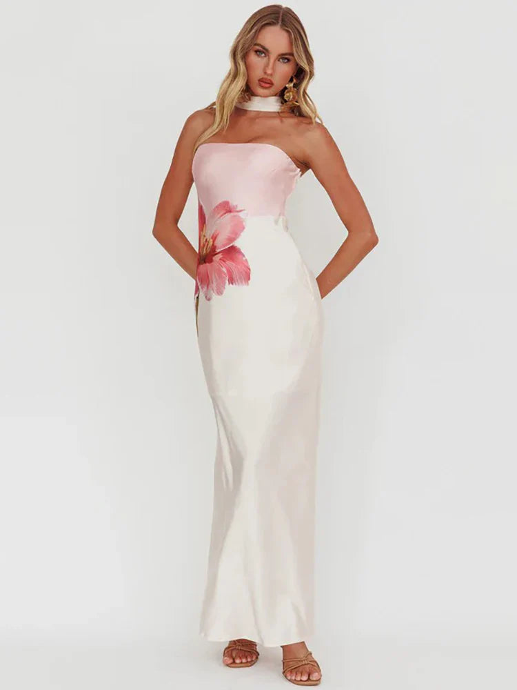 Halter Print Off-shoulder Strapless Sleeveless Vacation Dress