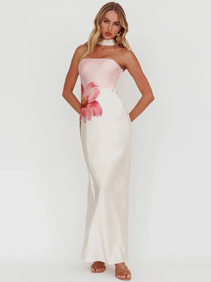 Halter Print Off-shoulder Strapless Sleeveless Vacation Dress