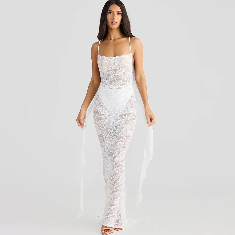 | Backless Lace Mermaid Gown with Chiffon Streamers