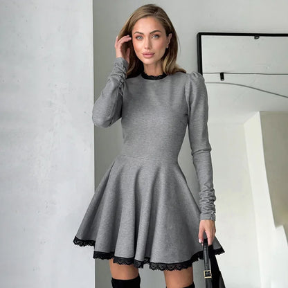 Patchwork Gray Long Sleeve A-line Mini Dress