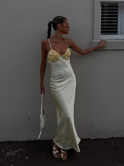 Yellow Floral Satin Slip Maxi Dress