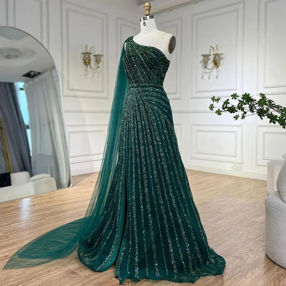One-Shoulder Cape Sleeve Beaded Evening Dresses